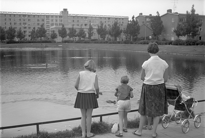 83294 Afbeelding van een moeder en kinderen die de eendjes voeren in de vijver tussen de Rijnhuizenlaan en het ...